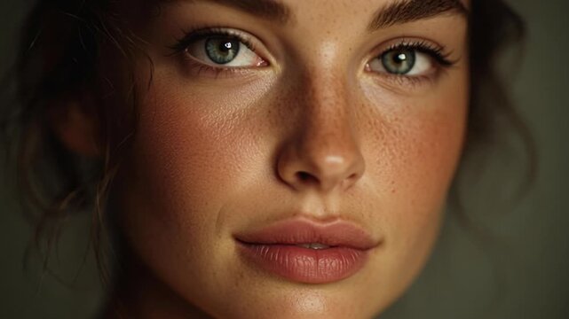 Close-up portrait of a young woman with green eyes and freckles.