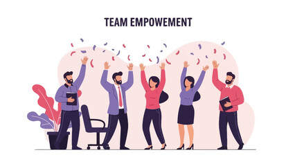 Team Empowerment Celebration with Confetti and Raised Hands