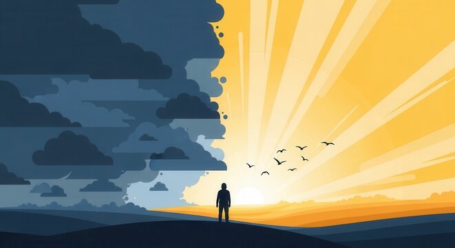 Solitary figure stands at the threshold between dark storm clouds and bright radiant sunshine