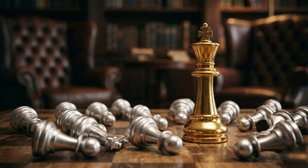 Golden chess king standing among fallen silver pawns