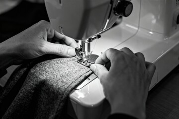 Person sewing fabric with machine