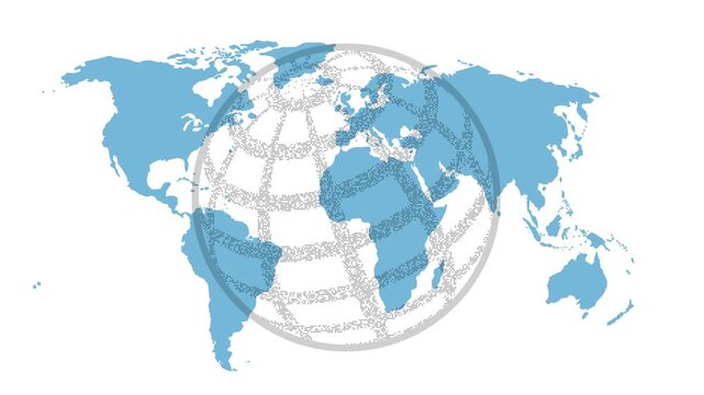 World map design, digital world map and round map made with pixels that rotates in light blue on a white background