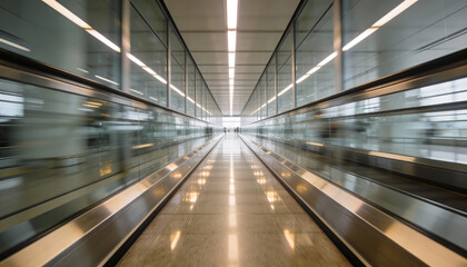 Airport moving walkway perspective with motion blur in modern glass terminal corridor travel transportation technology concept