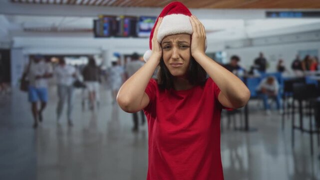 Woman holding her head with both hands at an airport terminal wearing a santa hat and red shirt; holiday travel stress.