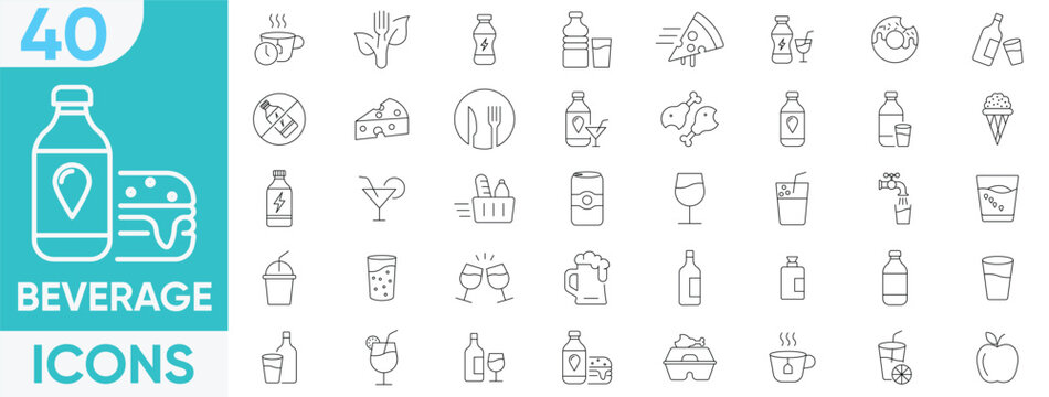 Beverage icon set.Coffee, Coffee cups, fresh juices, juices, soft drinks, cold beverages, Cup, Milk, Tea, Cocktail, beverages and more. Vector and illustrator set.
