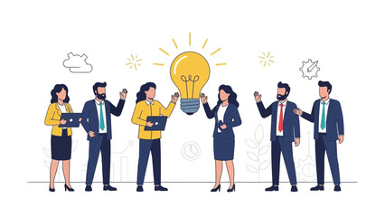 Fototapeta premium Teamwork Idea Generation, Business People with Big Lightbulb and Technology Icons