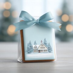 Festive Gingerbread Cookie with Winter House Design and Ribbon