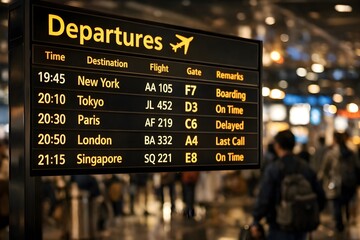 Obraz premium flight information departures board at airport with busy peoples