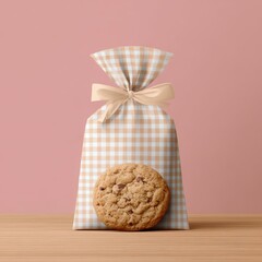Freshly Baked Cookie in Checkered Bag with Ribbon Decoration