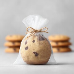 Freshly Baked Cookie in a Soft Mesh Bag on a Light Background