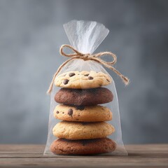 Delicious Cookies in a Transparent Bag on a Rustic Wooden Surface