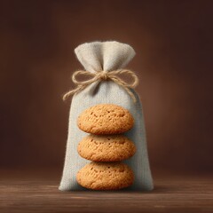 Freshly Baked Cookies in Rustic Bag with Ties on Wooden Table