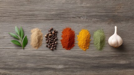 Vibrant Spices and Herbs on Wooden Surface for Culinary Inspiration