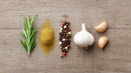 Fresh Herbs and Spices for Culinary Delights on Wooden Background