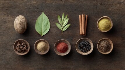 Assortment of Spices and Herbs on Rustic Wooden Background