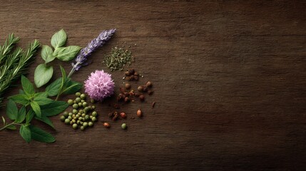 Fresh Herbs and Edible Flowers on Rustic Wooden Background