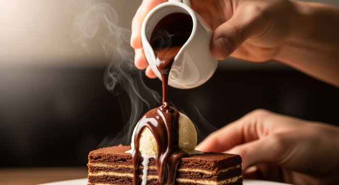Hands pouring hot chocolate sauce over a layered dessert with a scoop of ice cream on a white plate.