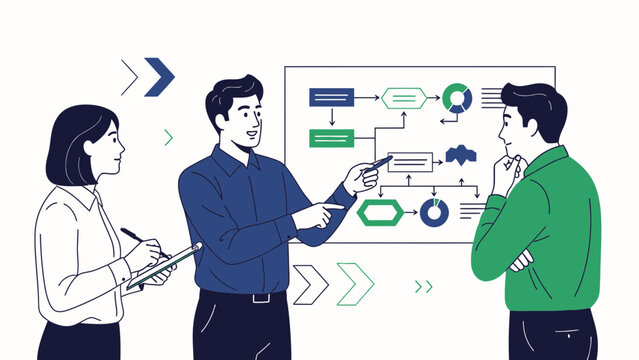 Business meeting flowchart presentation, team brainstorming strategy analysis