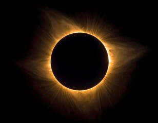 A stunning display of a total solar eclipse. The dark lunar disc is framed by a luminous, fiery corona, radiating outward against the black void
