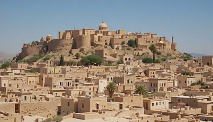 Ancient desert city with fortified hilltop architecture