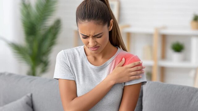 A young woman is experiencing shoulder pain, indicated by a red mark on her shoulder.
