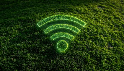 Green Wi-Fi Symbol Glowing on Lush Grass Field.