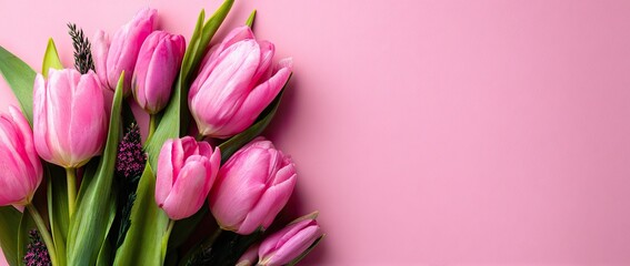 A vibrant bouquet of pink tulips and foliage against a pink backdrop, creating a floral arrangement