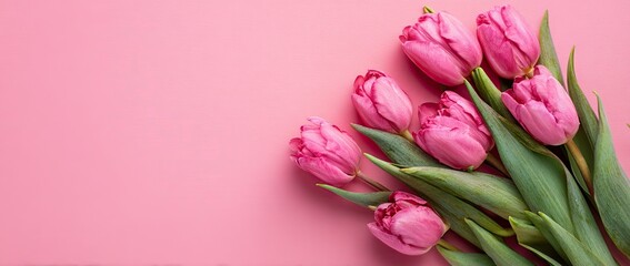 A bouquet of pink tulips lies on a solid pink background, filling the upper-right corner © Hasnani
