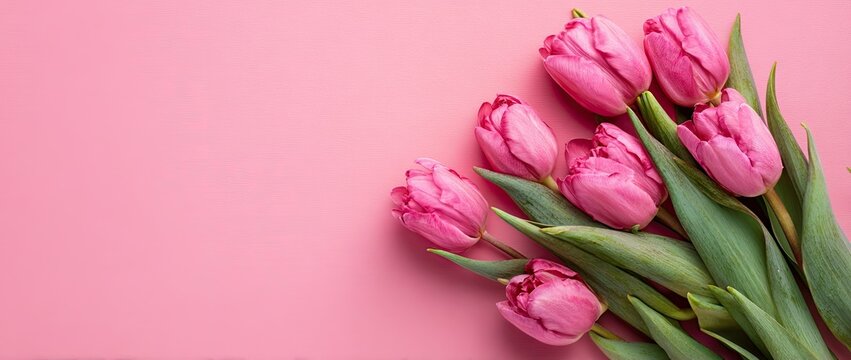 A bouquet of pink tulips lies on a solid pink background, filling the upper-right corner