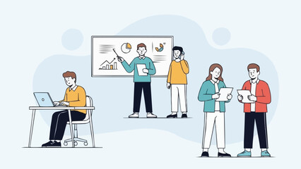 Business meeting with presentation and team collaboration.