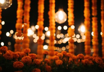 Vibrant Orange Marigolds and Warm Bokeh Lights Illuminate a Festive Night Scene