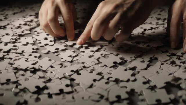 Hands skillfully arranging jigsaw puzzle pieces, symbolizing problem-solving and patience challenge