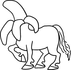 Fototapeta premium Humorous mutant horse with a banana-shaped head, playful and cartoon-style. Drawn with black curved lines in grunge style
