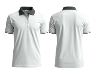 White polo shirts, front and back view, with grey collar