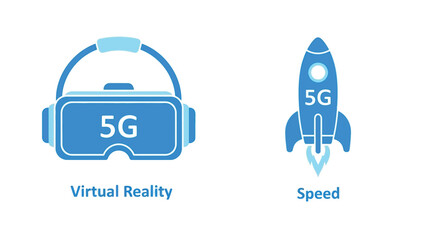 5G Technology Virtual Reality Headset with Rocket Launching in Blue Monochromatic Minimalistic Design for Tech Advertising