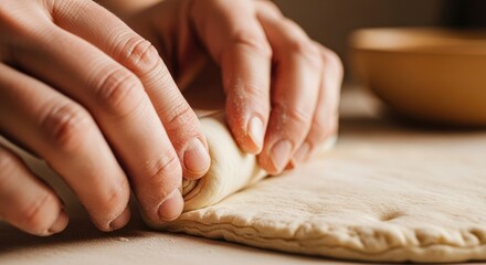 Close-up of hands shaping dough on a kitchen counter with a bowl in the background.