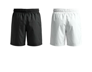 Two shorts, one black, one white, displayed side-by-side