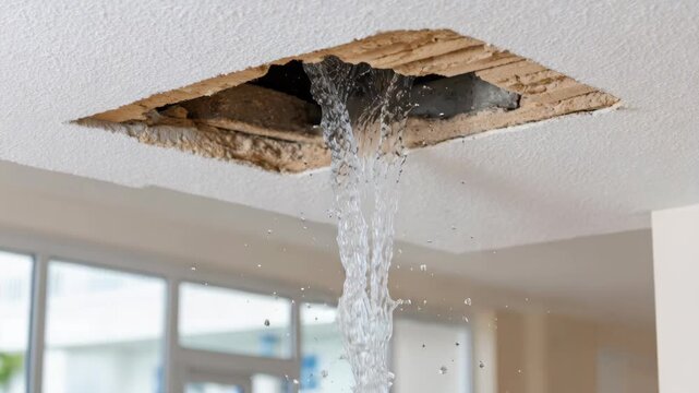 A significant water leak pours from a hole in the ceiling, damaging the interior space.