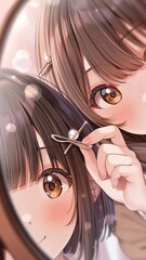 Cute anime girls adjusting hairpin together, close-up portrait

