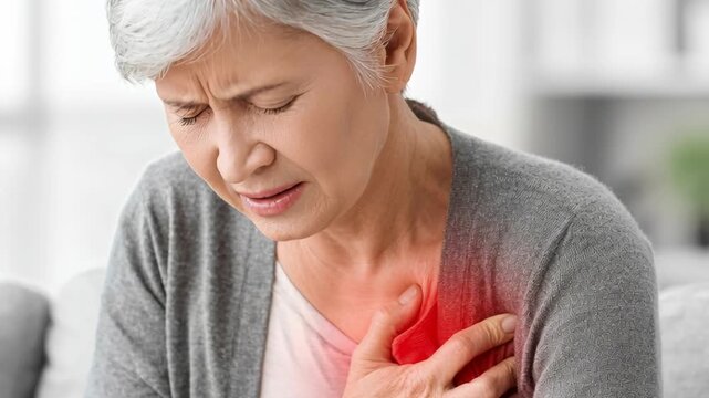 An elderly woman experiences chest pain, clutching her chest in distress, a common symptom of heart-related issues.