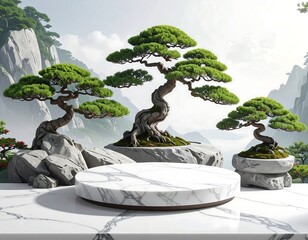 A serene composition featuring bonsai trees on rocky outcrops, overlooking a misty mountain landscape, with a marble platform in focus