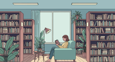 Woman reading a book in a cozy library with plants. © A B I G A I L