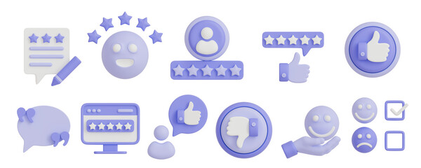 3D review and rating icon set with stars, feedback emojis, and customer survey interface elements.