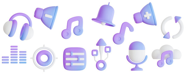 3D audio and sound icon set with headphones, microphone, musical notes, and volume control sliders.