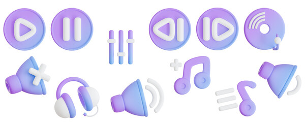 3D audio and sound icon set with headphones, microphone, musical notes, and volume control sliders.