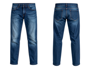 Faded blue denim trousers, front and back view