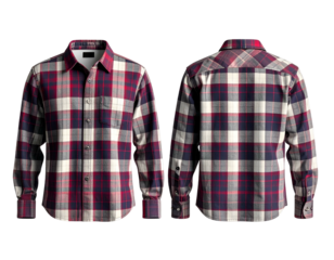 Red, white, and blue plaid long-sleeve shirt, front and back