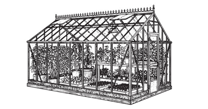 Garden greenhouse engraving illustration for horticulture branding