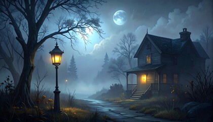 A moonlit, misty scene with a solitary house, lamppost, and winding path in a shadowy forest