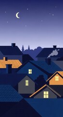 Naklejka premium Residential rooftops cluster beneath a crescent moon in the deep evening sky
